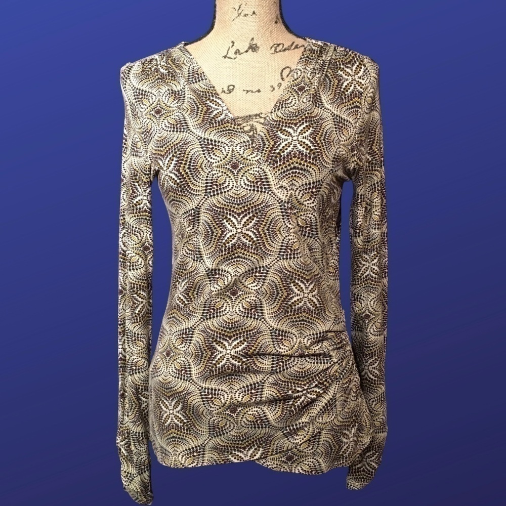KAREN KANE Faux/SURPLICE WRAP TOP, Cream/Brown/Olive Geometric print, Size L